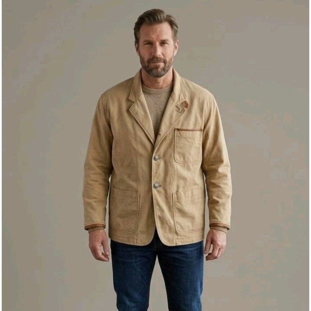 Orvis Mens Field Chore Jacket XXL Tan Utility Leather Faux Trim Elbow Patches